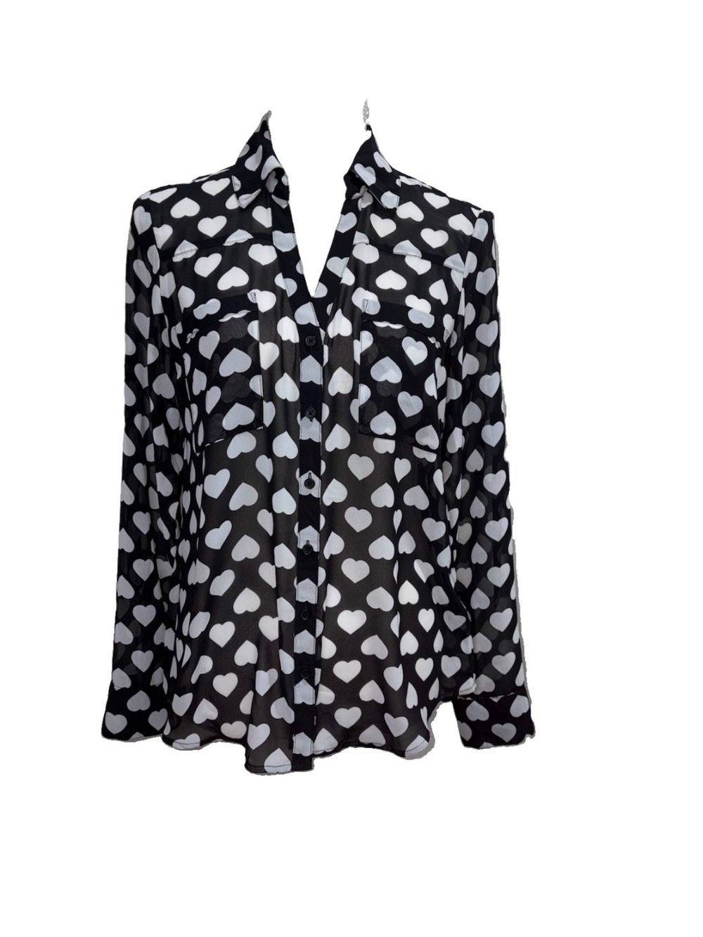 Express Portofino Black and White Button-Down Shirt Roll Up Sleeves with Hearts